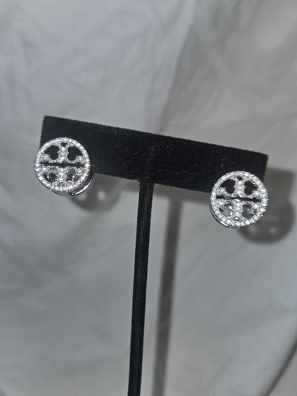 Crystal Pave Round Logo-Style Stud Earrings - Silver